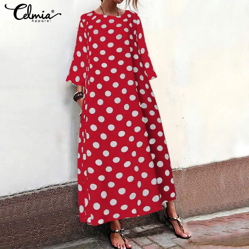 

Oversized Women Vintage Long Dress Celmia 2019 Summer Dot Printed Bohemian Beach Sundress O neck Casual Loose Vestido Robe Femme
