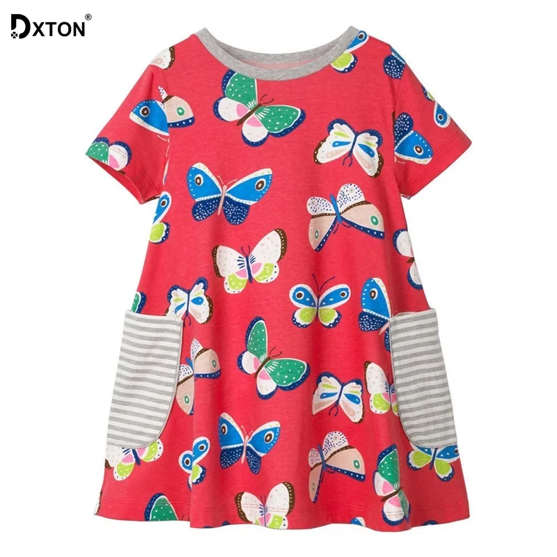 Dxton/Детская летняя одежда; платье с короткими рукавами для девочек; детское платье с бабочкой и карманом; платье принцессы с блестками и единорогом для девочек