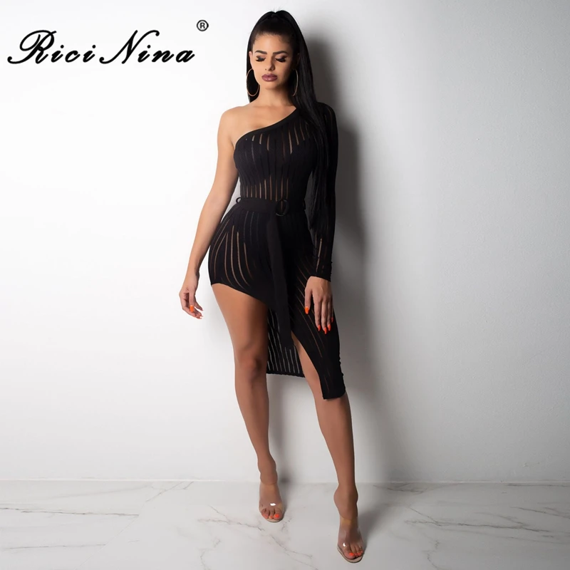 RICININA 2019 Woman Dress Ladies One Shoulder Long Sleeve Hollow Out Slit Backless Woman Party Dresses Vestidos