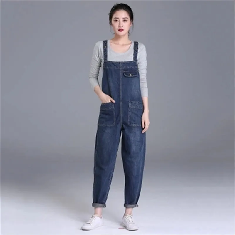 Плюс Размеры 6XL2018 новый в Корейском стиле свободные джинсовые комбинезоны женские сезон: весна–лето ремень карман комбинезоны длинные