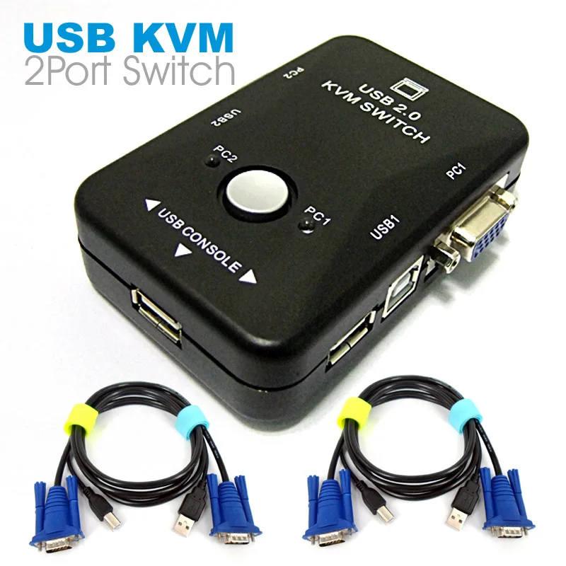 2 порта USB 2,0 VGA SVGA KVM коммутационная коробка адаптер 2 компьютерный обмен монитор клавиатура мышь с двумя кабелем KVM-21UA