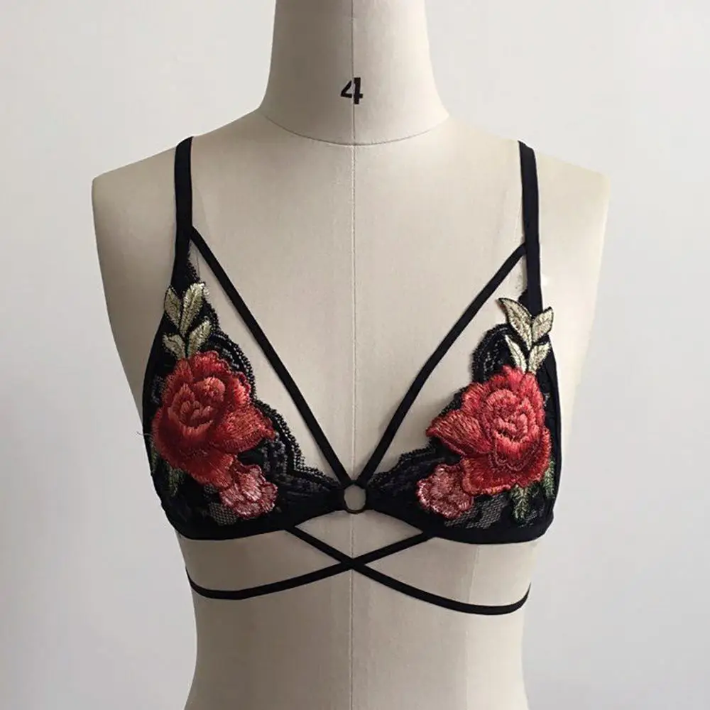 

1PC Sexy Women Lace Floral Bra Applique Straps Strappy Bra Crop Tops Embroidery Flowers Bralette Bustier Tanks Summer S/M/L/XL