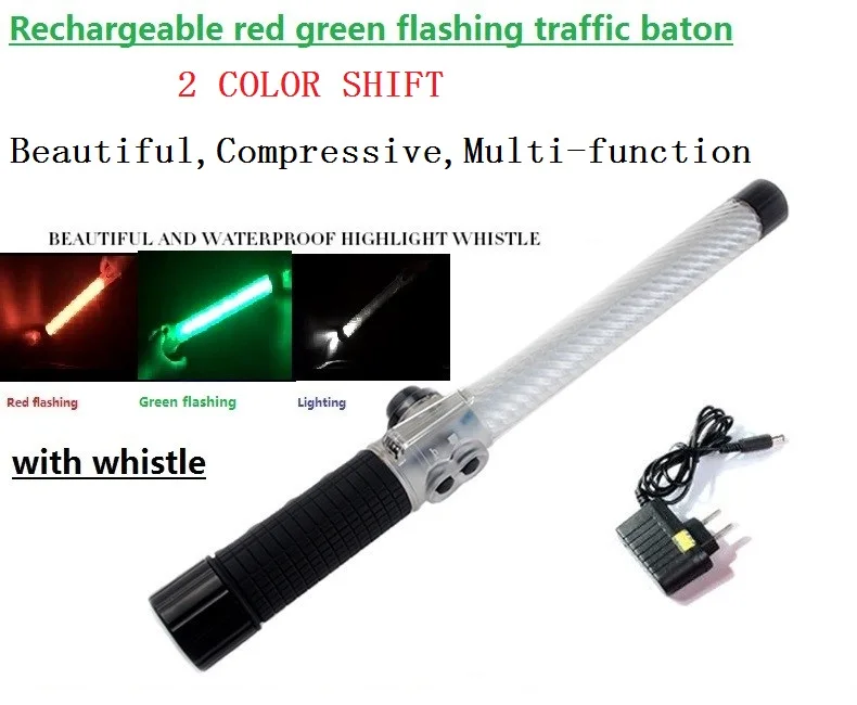 

40cm rechargeable multi-function red green two-color light flashing traffic baton with whistle & lighting