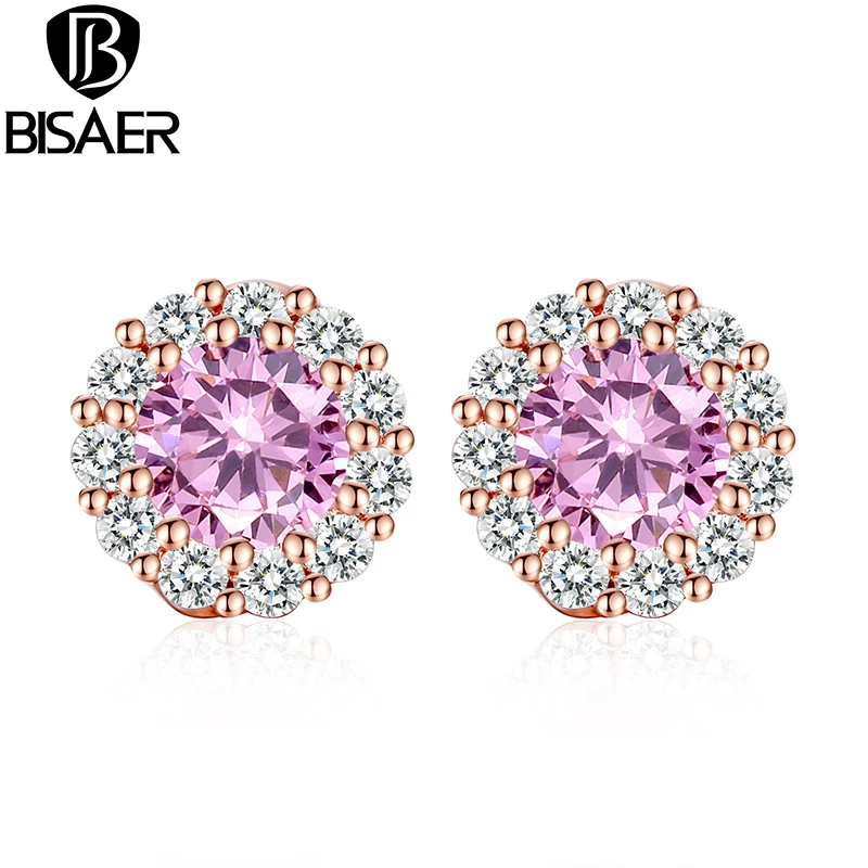 

BISAER New Gold Color Pink Crystals Surround Girl Stud Earrings with AAA Zircon Earrings Jewelry Party Gift HME054-PK