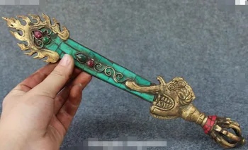

Tibet Buddhism Bronze Turquoise Inlay Jewel Mahakala Phurba Dagger Holder Faqi
