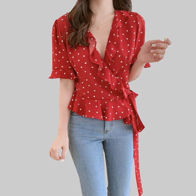 

shintimes Short Sleeve Bow Sashes Shirt Women Polka Dot Blouse Sexy V-Neck Clothes 2019 Summer Tops Korean Style Chemise Femme