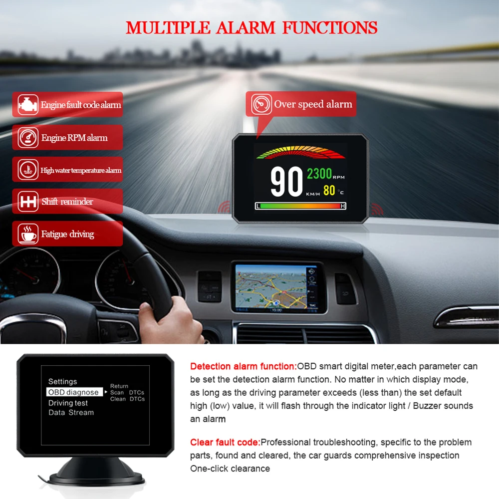 

P16 New HUD OBD2 Car Head Up Display Monitor Alarm Vehicle Data Digital Speedometer 360 Degree LCD Screen Universal Free Bracket