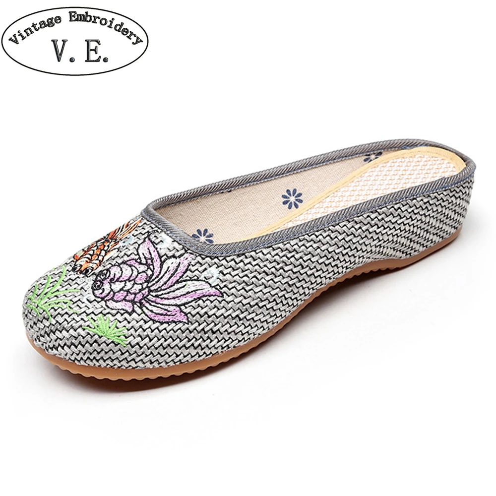 

Chinese Ethnic Fish Embroidered Sandals Women Hemp Linen Mules Slippers Ladies Close Toe Leisure Comfort Flat Shoes Sapatos