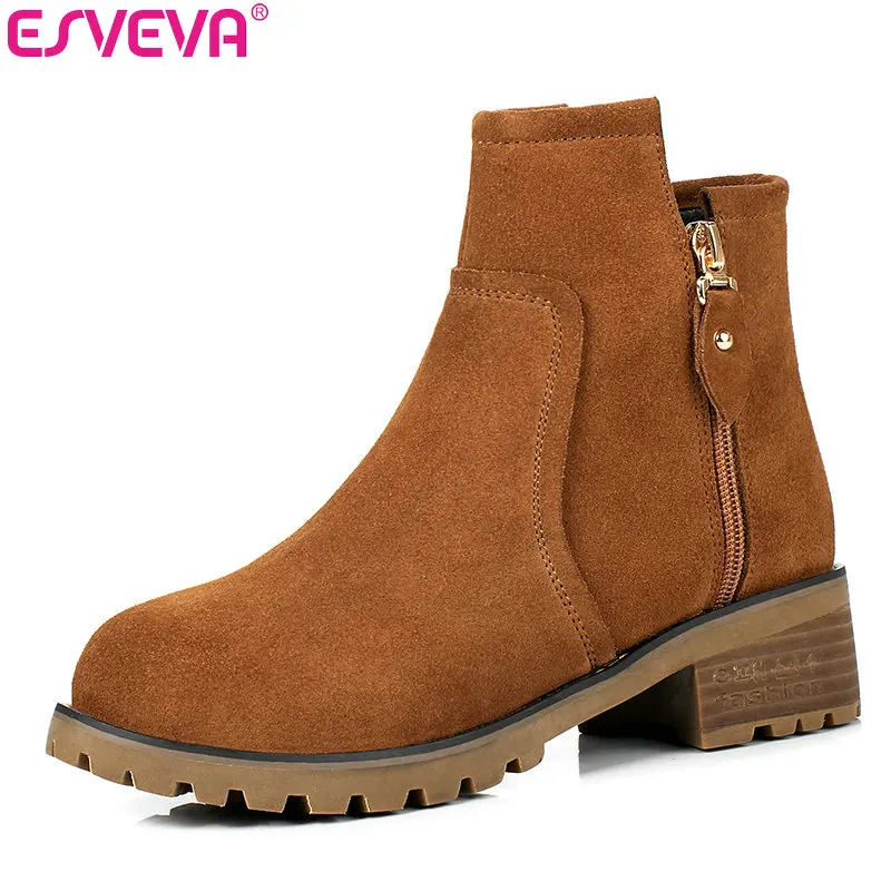 

ESVEVA 2018 Comfortable to wear Short Plush/PU Winter Autumn Boots Women Zipper Ankle Boots Round Toe Cow Suede Shoes Size 34-40