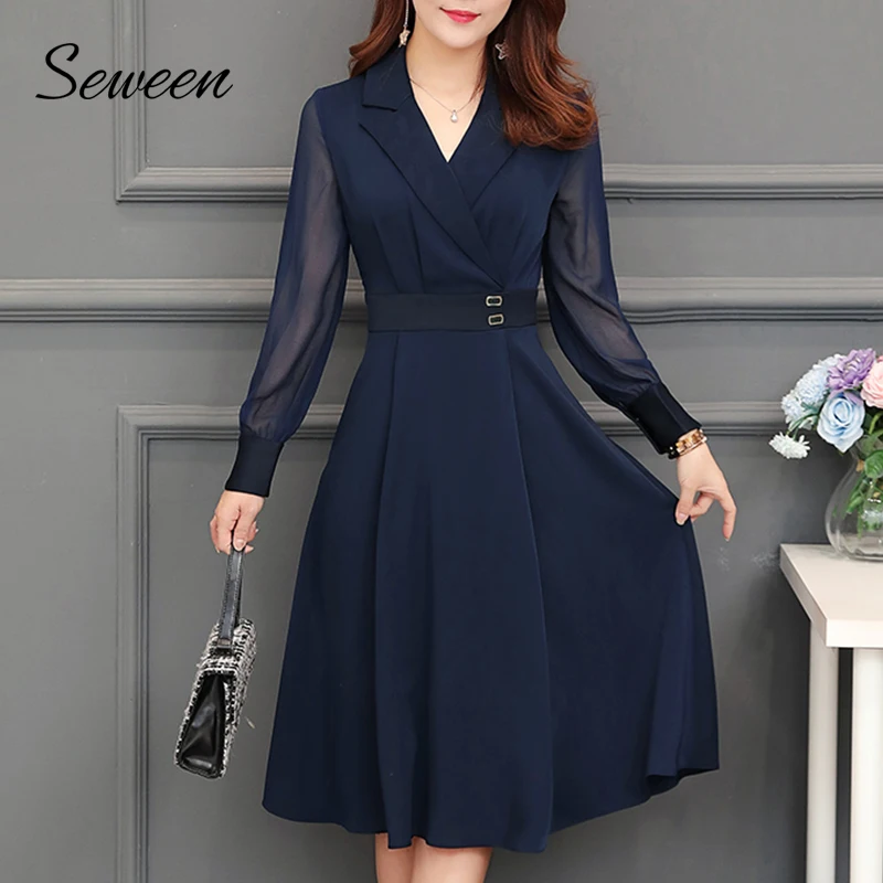 

Korean Autumn Dress Women 2018 Fashion Pleated Long Sleeve Midi Dress Women High Waist Notched Collar Navy-blue Dress With Belt