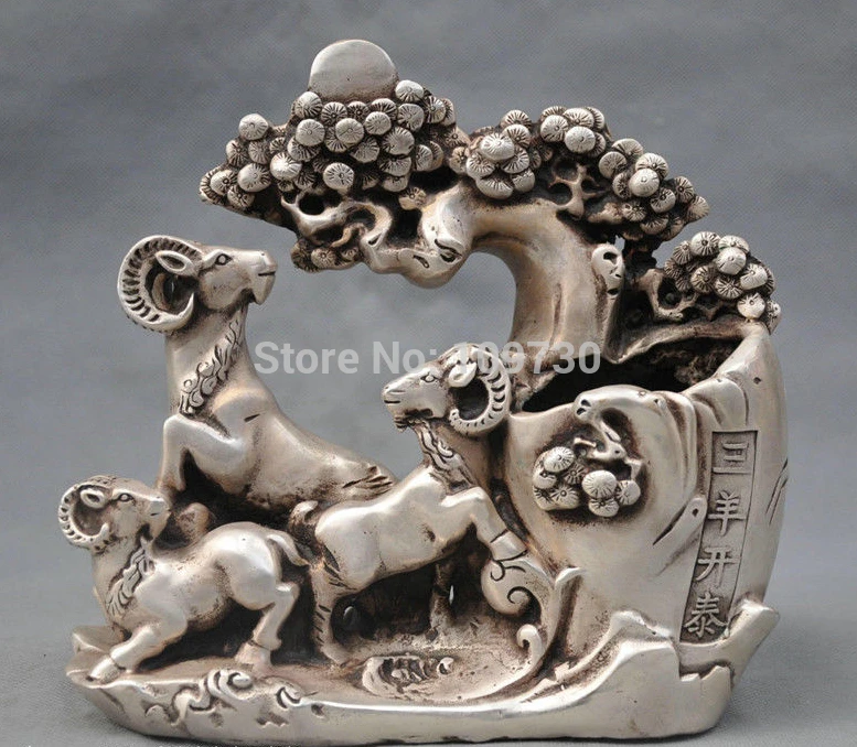 

001957 8'' China Silver Bronze three Sheep Tree get rich Luck Bronze Statue