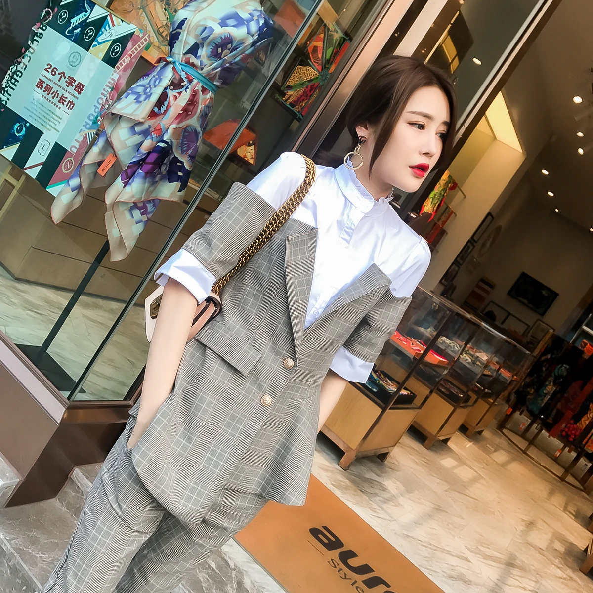 Yuxinfeng New Spring Autumn Women Blazer Pants Suit Sexy Fashion Plaid Patchwork Work Trousers Suit Set 2 pieces Outfits