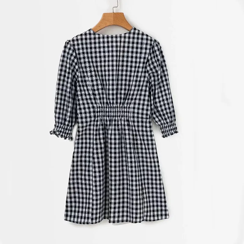 yinlinhe black plaid Women Dress Long Sleeve v neck elasticity waist slim Summer Dress Cotton ladies casual Vestido 7