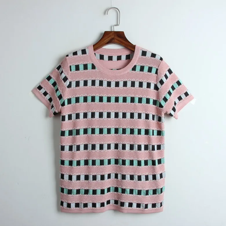 

Ladies Knitted T Shirt Women 2019 Spring Summer New Plaid O Neck T-Shirt Short Sleeve Shirt Women Tops Runway Womens T-shirts