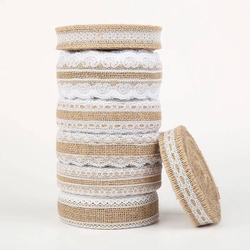 

2M/lot Natural 2.5cm Jute Burlap rolls Hessian Lace Ribbon With Lace Trim Edge Rustic Wedding Centerpieces Vintage Wedding Decor