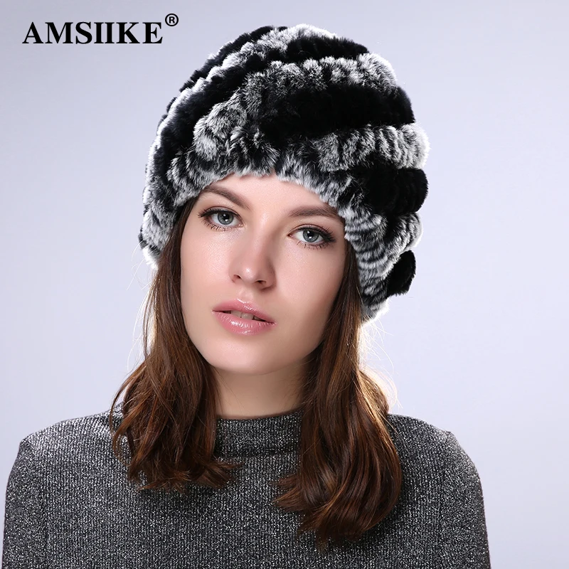

AMSIIKE Women Fur Hat Natural Rex Rabbit Fur Cap 2019 Winter Wool Lining Patchwork Female Hat Knitted Casual Beanies Hat TM716