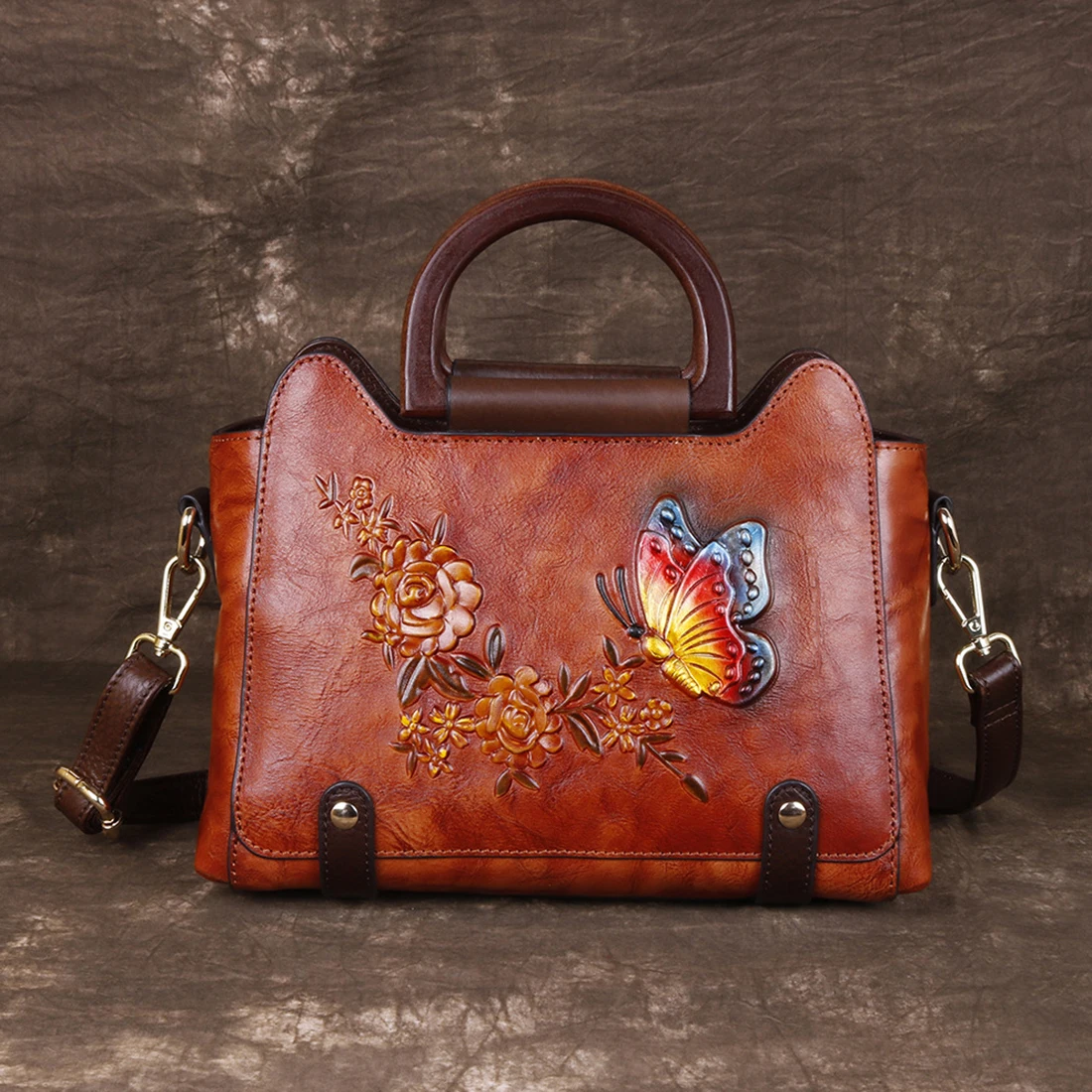 

Women Genuine Leather Shoulder Toe Bags Lady Handbag Floral Butterfly Pattern Retro Leisure Female Messenger Cross Body Bag