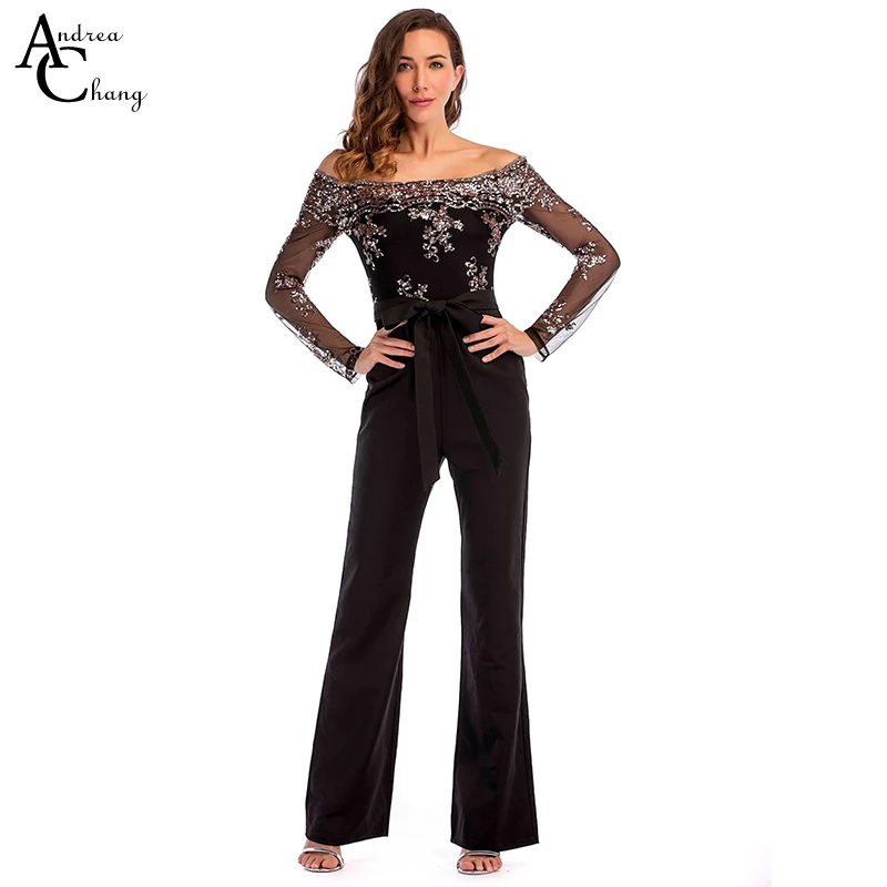 

Spring summer woman jumpsuit beading top transparent sleeve back black jumpsuit off shoulder slash collar long sexy jumpsuit