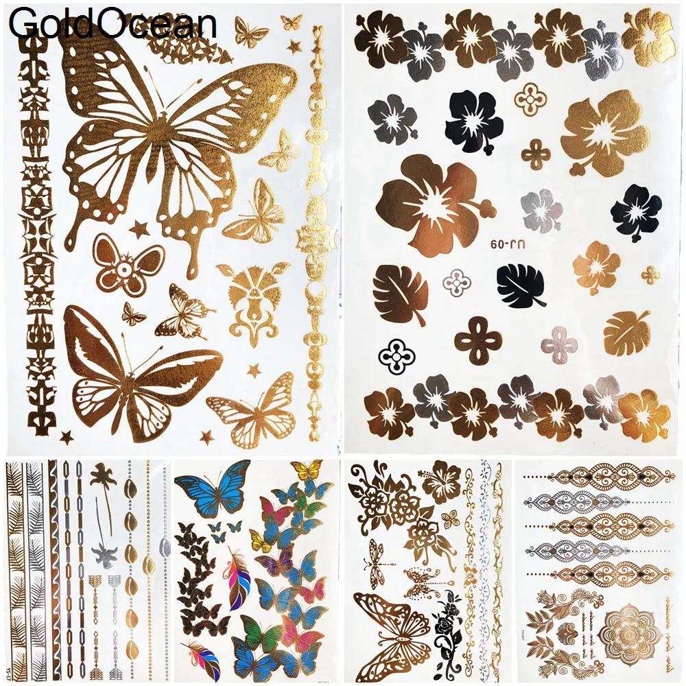 082 Sexy Papillon Doré Métal Temporaire Tatouage Autocollants Prune Fleur Filles Mains Flash Tatouage Femmes Corps Cou Tatoos Poitrine Chaînes In