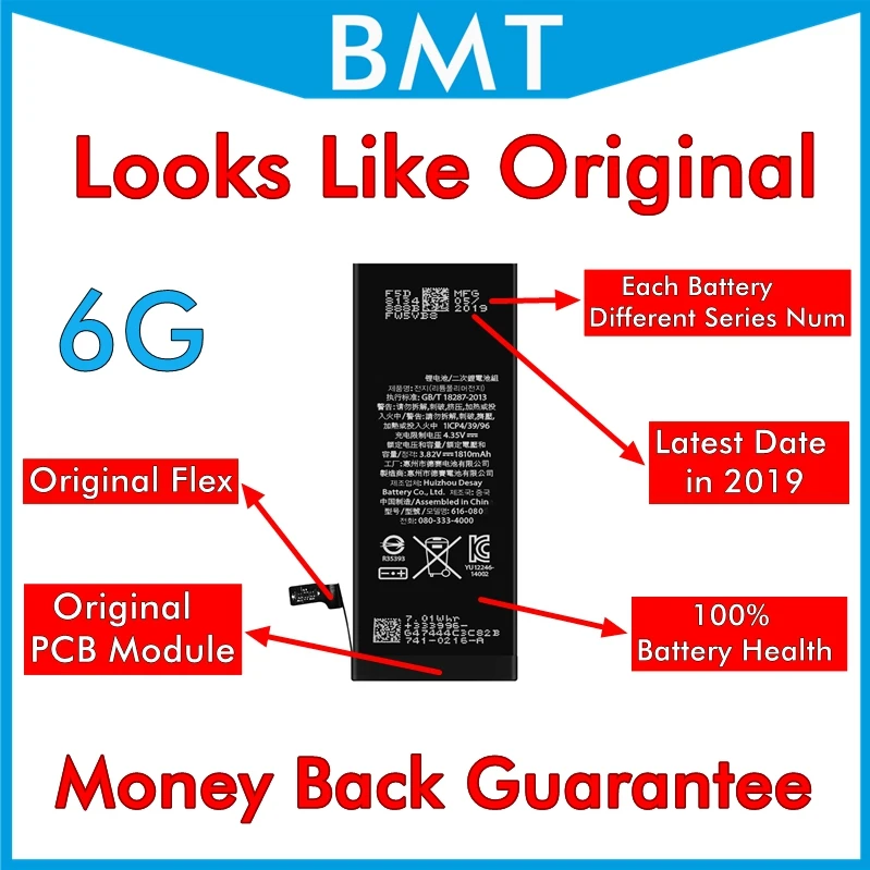 Bamyoyo Original 10pcs Battery for iPhone 6G 6 for Apple Accu 1810mAh Replacement + AP LOGO + ILC Technology in 2019