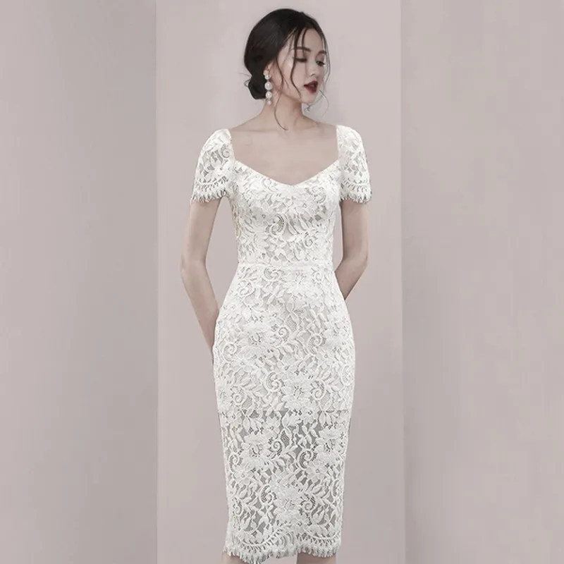 

2019 New Fashion Lace Bodycon Pencil Dress Women Elegant Short Sleeve Summer Sexy V-Neck Dresses OL Work Wear Vestidos