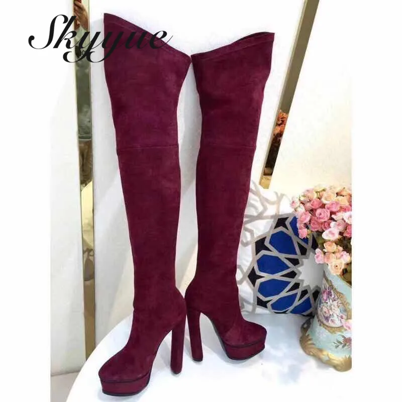 

SKYYUE New Genuine Leather Rome Gladiator Over The Knee HIgh Thigh High Boots Sexy Platform Slip On Chunky Heel Women Boots