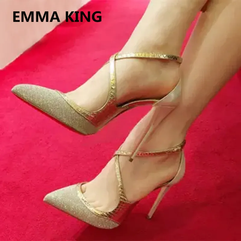 

New Fashion Pointed Toe Women Pumps Gold Bling Cross Buckle Female Party Dress Shoes Spring Autumn Sexy Woman's Thin High Heels