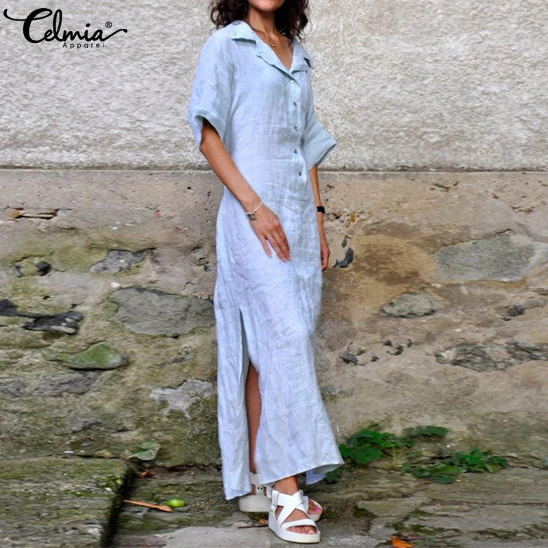 

5XL Celmia Women Long Shirt Dress 2019 Summer Lapel 3/4 Sleeve High Split Maxi Dresses With Belt Elegant Plus Size Vestidos