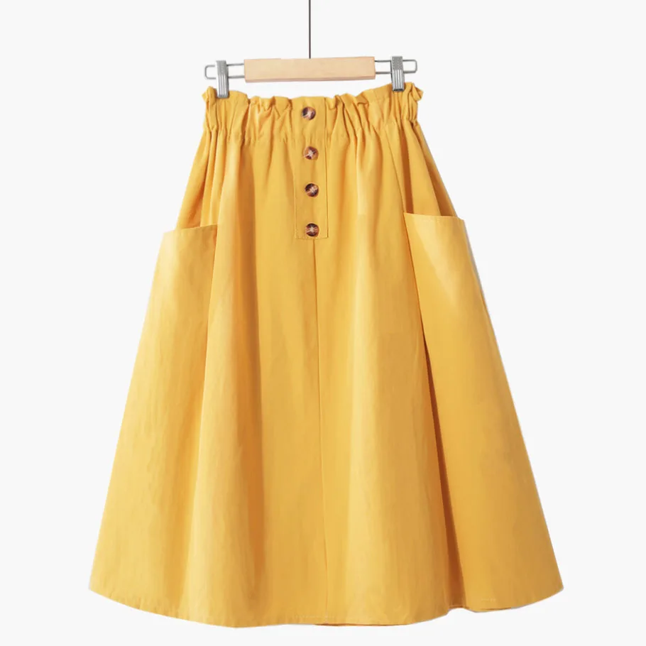 

women female Spring Summer New high waist single-row button solid-color pocket loose thin A-shaped student cotton mid-long skirt