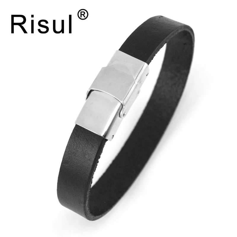 

Risul простой мужской черный кожаный браслет 10 мм из нержавеющей стали, оригинальный безопасный браслет с застежкой и пряжкой, оптовая продажа, 50 шт.