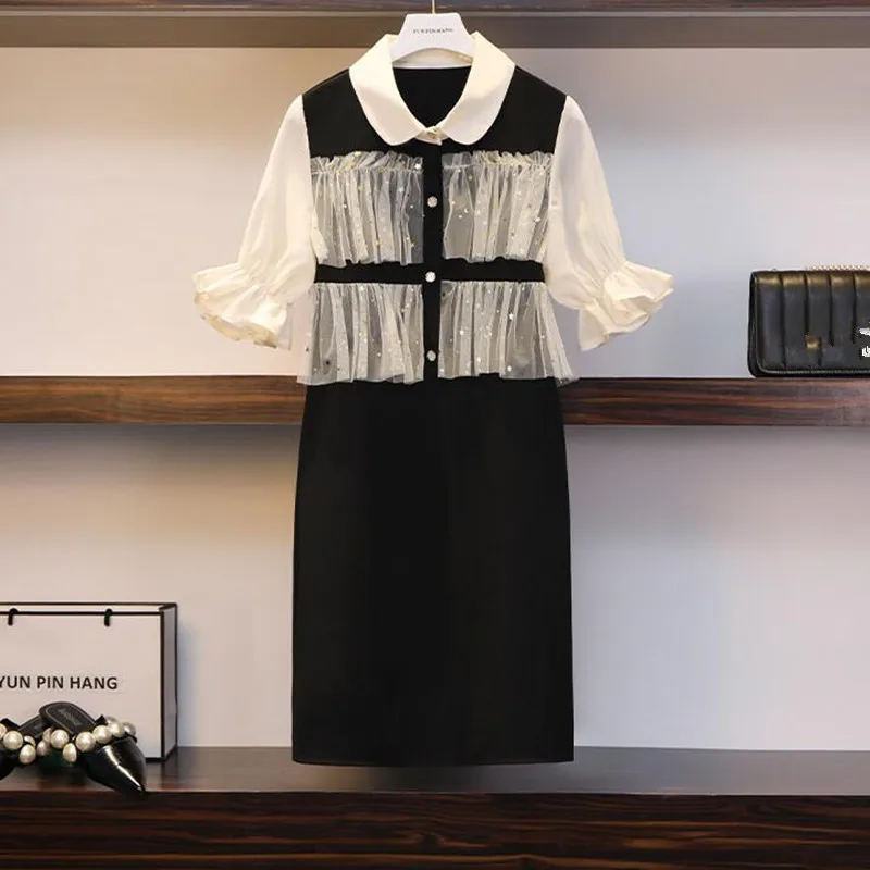 

French Retro Summer Dress 2019 New Single Breasted Peter pan collar Dresses Front Sequined Mesh Ornament Women Elegant Dress