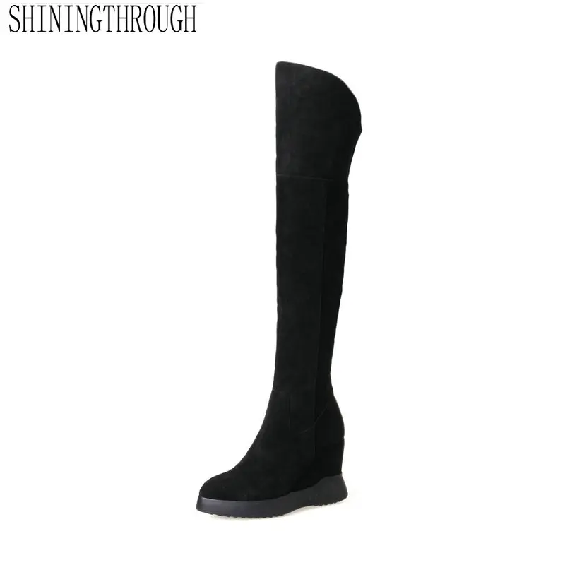 

Genuine Leather Over The Knee High Heel Women Boots Fashion Zipper Wedges High Heel Women Shoes Spring Autumn Party Shoes