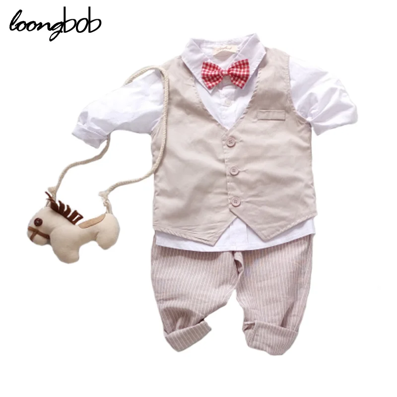 

3PCS Baby Boy Clothing Suits Solid White Shirt +Vest +Striped pants Casual Children party costumes kids Spring Autumn Sets 088F
