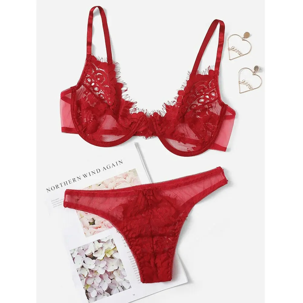

New Sexy Women Lace Lingerie Bra G-string Set Female Vogue chic Brief Sets Lady lace flower Bra and panties Thong femme Unlined