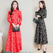 New Winter Chinese long qipao dress fur collar modern qipao red black vintage cheongsam elegant traditional Chinese clothing new red embroidery flower female modern cheongsam elegant mandarin collar chinese style dress cotton long sleeve qipao l xxl