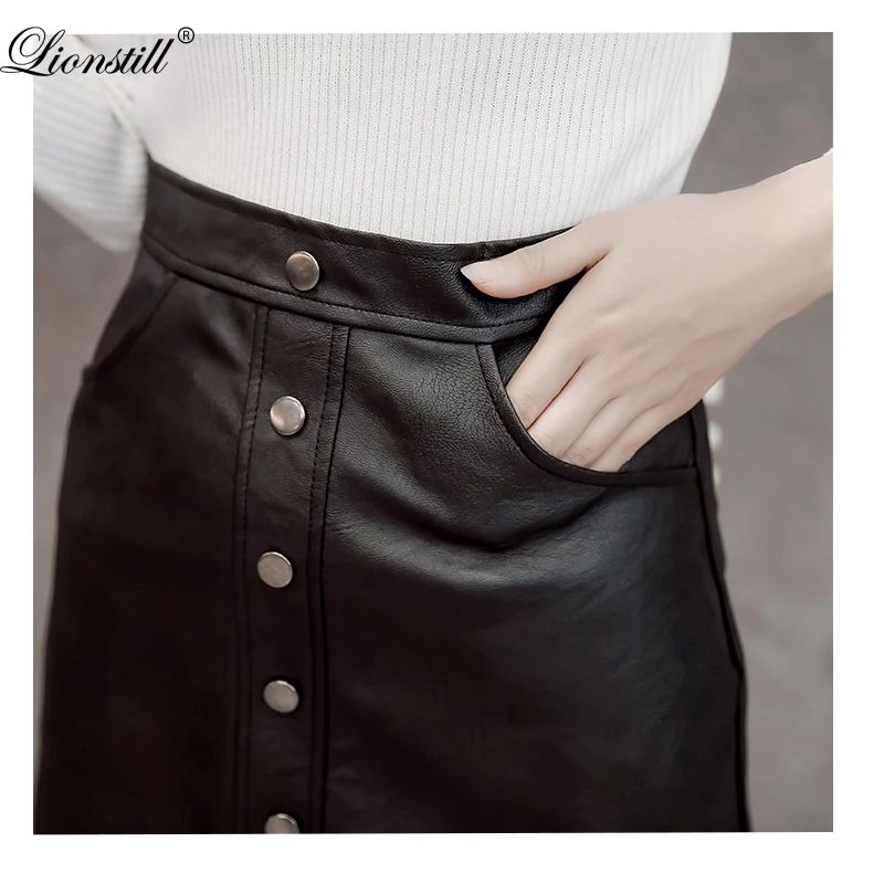 High Waist Leather Skirt 2016 New Fashion Fall Winter PU Pockets Button