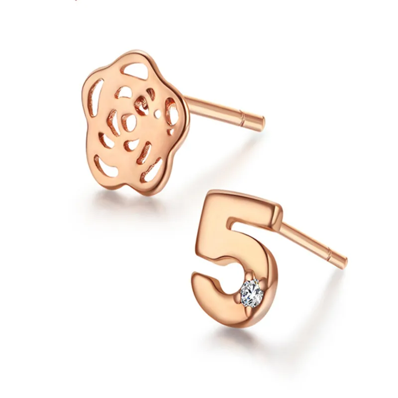

VOJEFEN 18K Gold Rose FlowerAnd Number 5 Small Stud Earrings CZ (pair) Personality Earrings Earrings Ear Jewelry 2019 New