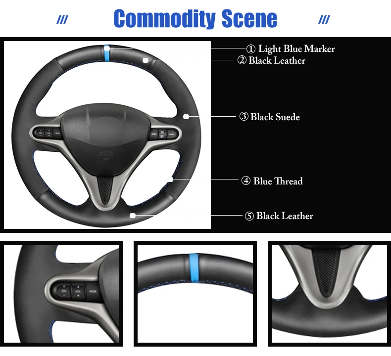 Черная замша черного цвета из натуральной кожи светильник Синий Маркер чехол рулевого колеса автомобиля для Honda Civic 8 2006-2009(3-спица