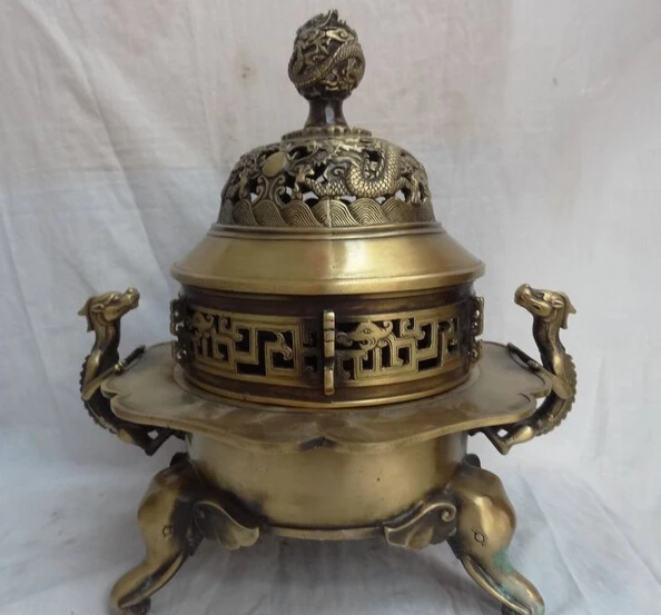 

JP S0610 16" Tibet Bronze Buddhism Dragon Head Ball Statue Elephant Incense Burner Censer