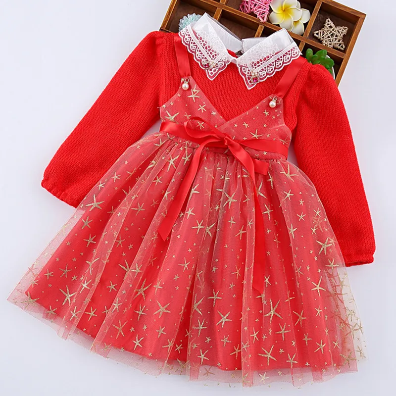 Платье для девочек Зимний толстый фонарь теплого света рукава блестками звезды детские платья для девочек детская Рождественская одежда детская одежда От 3 до 9 лет