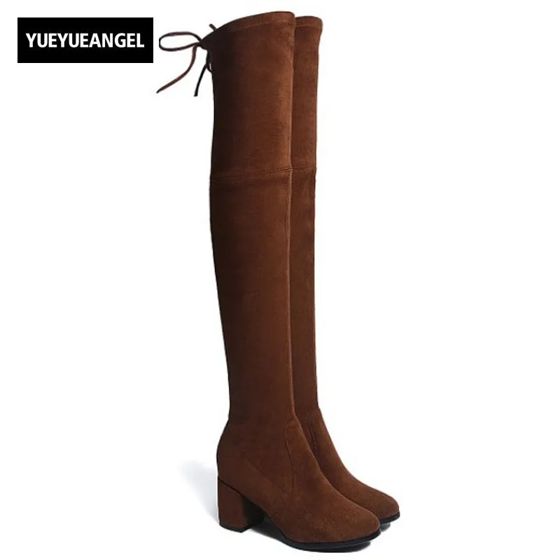 

Sexy Slim Fit Womens Thigh High Boots High Quality Soft Sheepskin Suede Genuine Leather Womens Shoes Comfort Block Heel Footwear