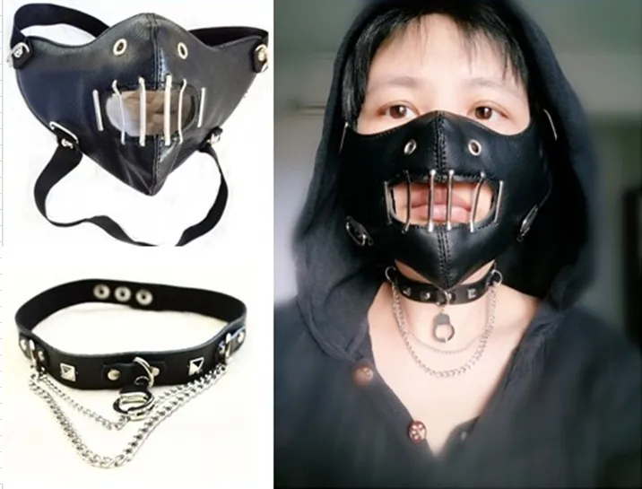 Черная кожа унисекс стимпанк маска ожерелье набор готический панк косплей маска с воротником выдалбливают Половина лица защитные рок-маски - Цвет: mask handcuff