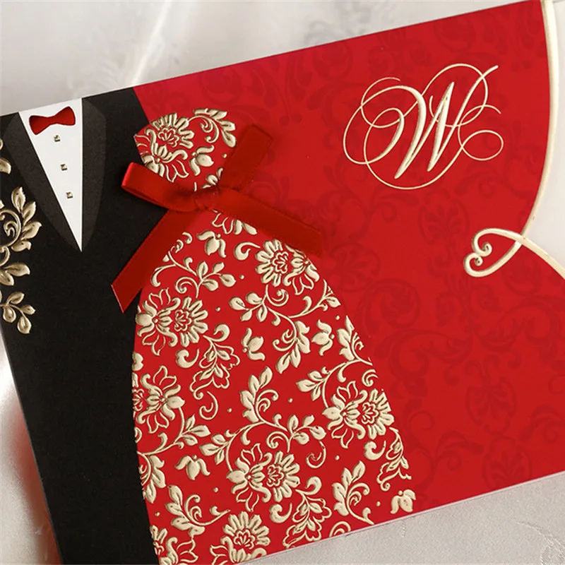 

50pcs Red Wedding Invitation Card Greeting Card Postcard Customize Printing With Ribbon Laser Cut Wedding Event Party Supplies