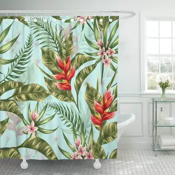 

Fabric Shower Curtain with Hooks Colorful Floral with Tropical Flowers in Watercolor Style Red Leaf Hawaiian Palm Summer