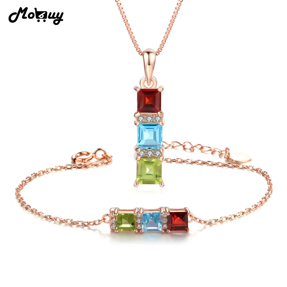 MoBuy 3Natural Gemstone 2pcs Jewelry Sets 100% 925 Sterling Silver Cubic Zirconia For Women Wedding Fine Jewelry V012HN