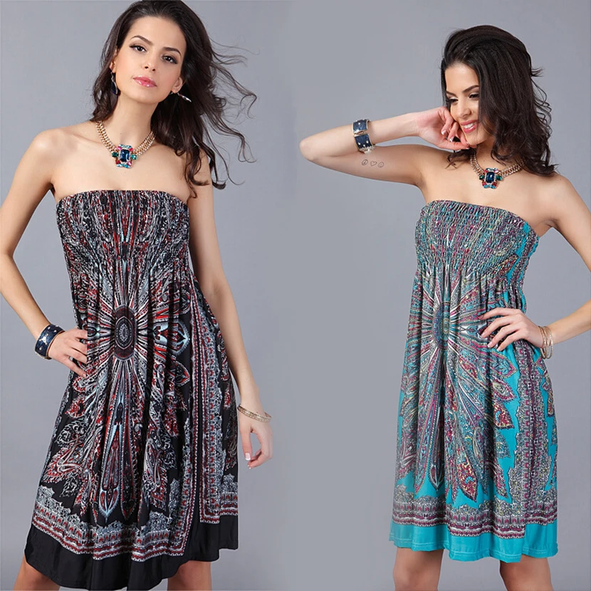Us 693 5 Offnew Women Strapless Dress 2018 Floral Print Sexy Beach Dress Plus Size Bamboo Fiber Retro Bohemina Summer Sundress Women Dress In