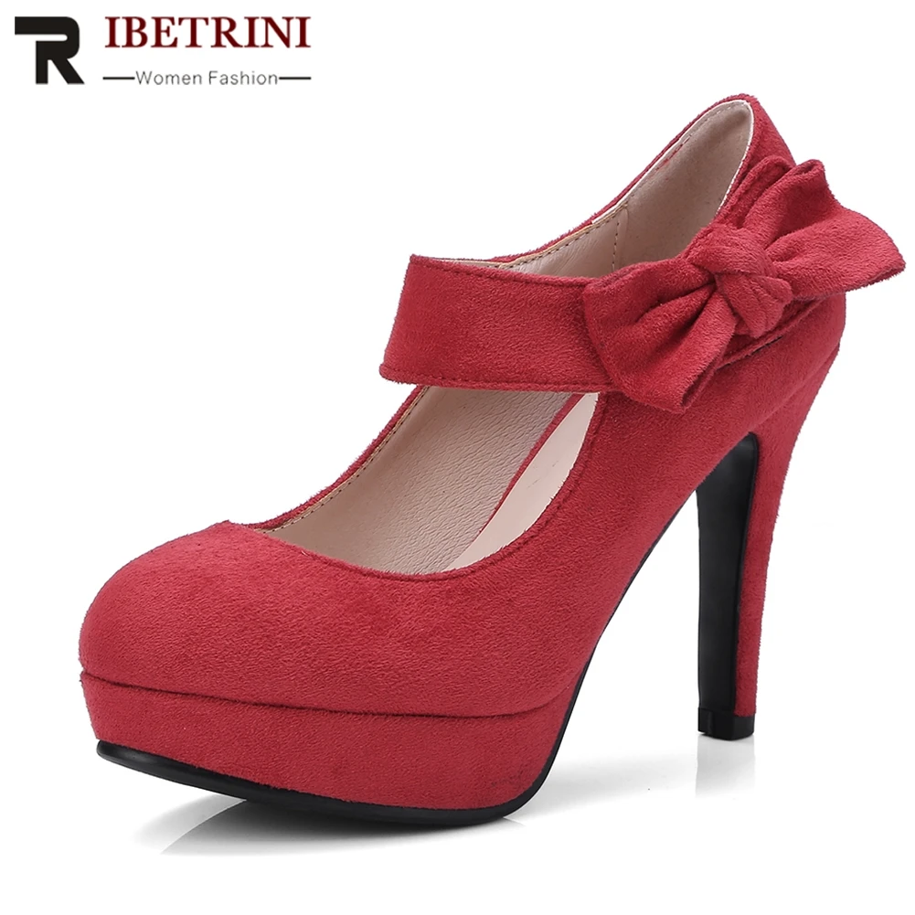 

RIBETRINI Sweet Best Quality Flock Platform Pumps Women Large Size 34-43 Sweet butterfly-knot Super High Heels Shoes Woman