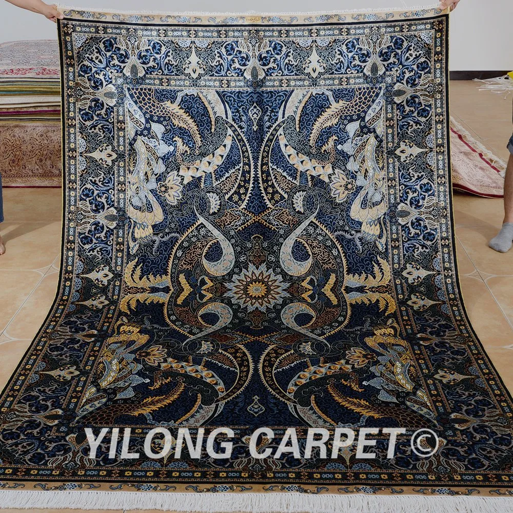Yilong 5'x7.2' Persian carpet dark blue vantage hand knotted turkish