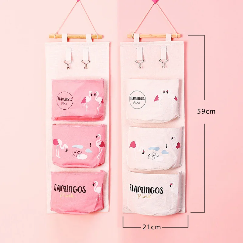 Flamingo Hanging Bag Storage Organizer Cotton Line Door Pouch Wall Mount Hang Bag Waterproof Cosmetic Toys Container 3 Pockets (7)
