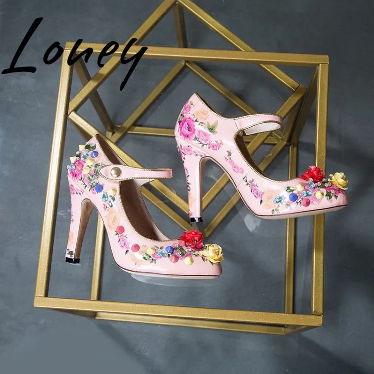 

Loney New Spring Summer Genuine Leather Jewel Crystal Beading Women Sandals Buckle Strap Printed Floral Women HIgh Heels Sheos